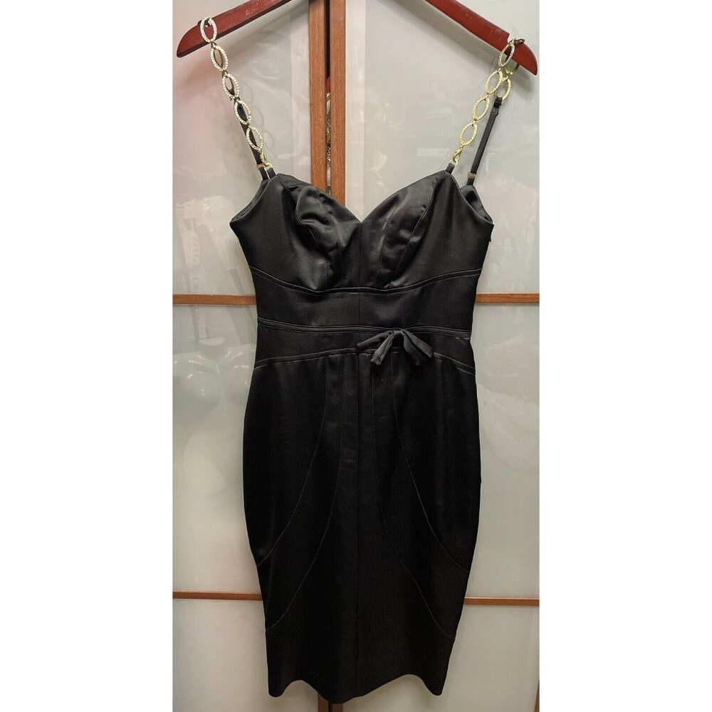 BEBE Vtg Y2K 90s Black Satin Chain Strap Bodycon Corset Pencil Dress Size XS